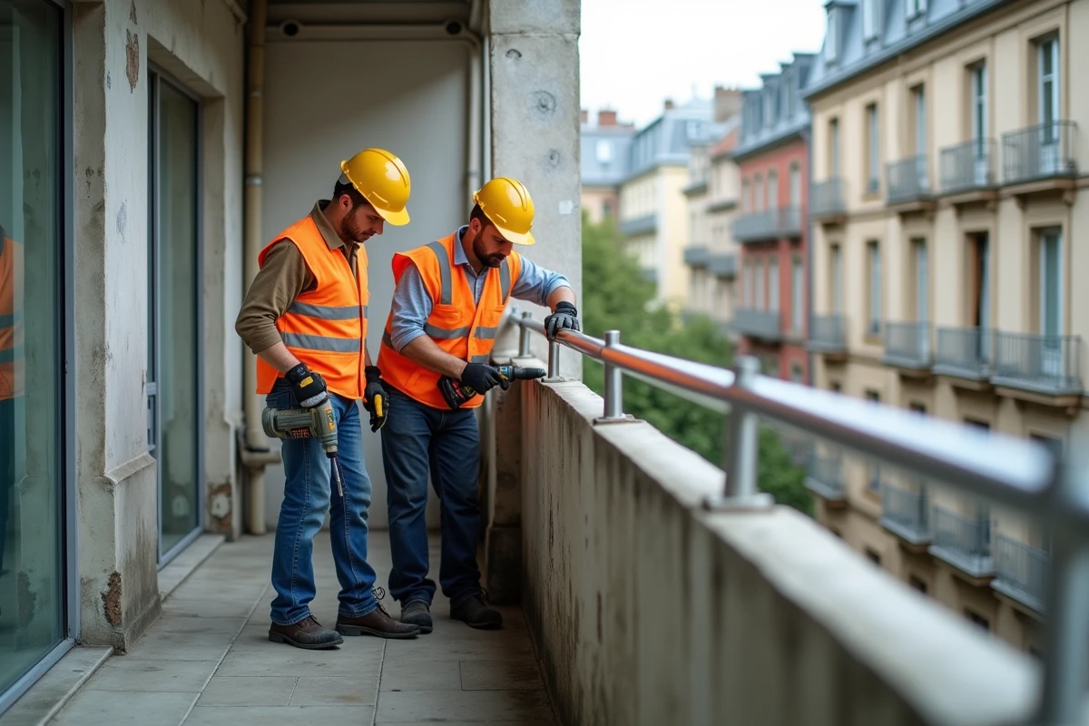 Ouvriers installant une garde-corps en acier inoxydable sur un balcon d'immeuble ancien pour conformité NF P01-012