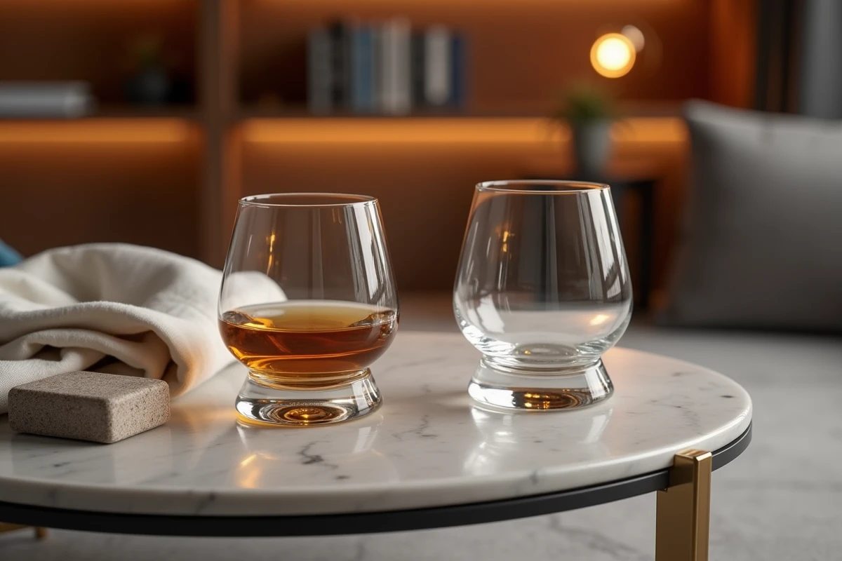 Paire de verres à whisky en cristal minimaliste tendance 2026 sur une table en marbre dans un intérieur moderne
