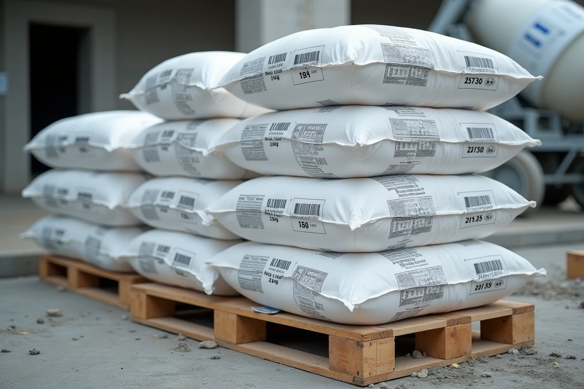 Palette complète de sacs de ciment 25 kg empilés sur un chantier de construction gros œuvre