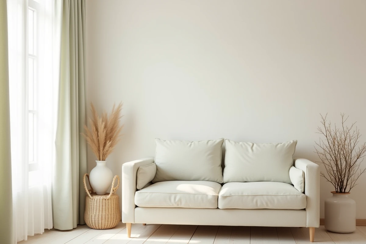 Studio décoré dans une palette de couleurs claires avec canapé crème, rideaux en lin, murs blancs cassés et parquet clair pour agrandir visuellement l'espace