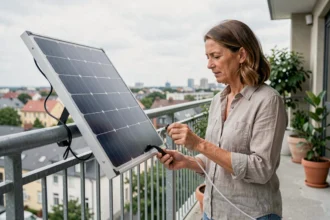 Femme examinant un panneau solaire de balcon fixé sur la rambarde d'un appartement urbain moderne