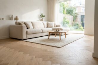 Parquet en chêne clair dans un salon scandinave moderne avec canapé en lin et tapis en laine