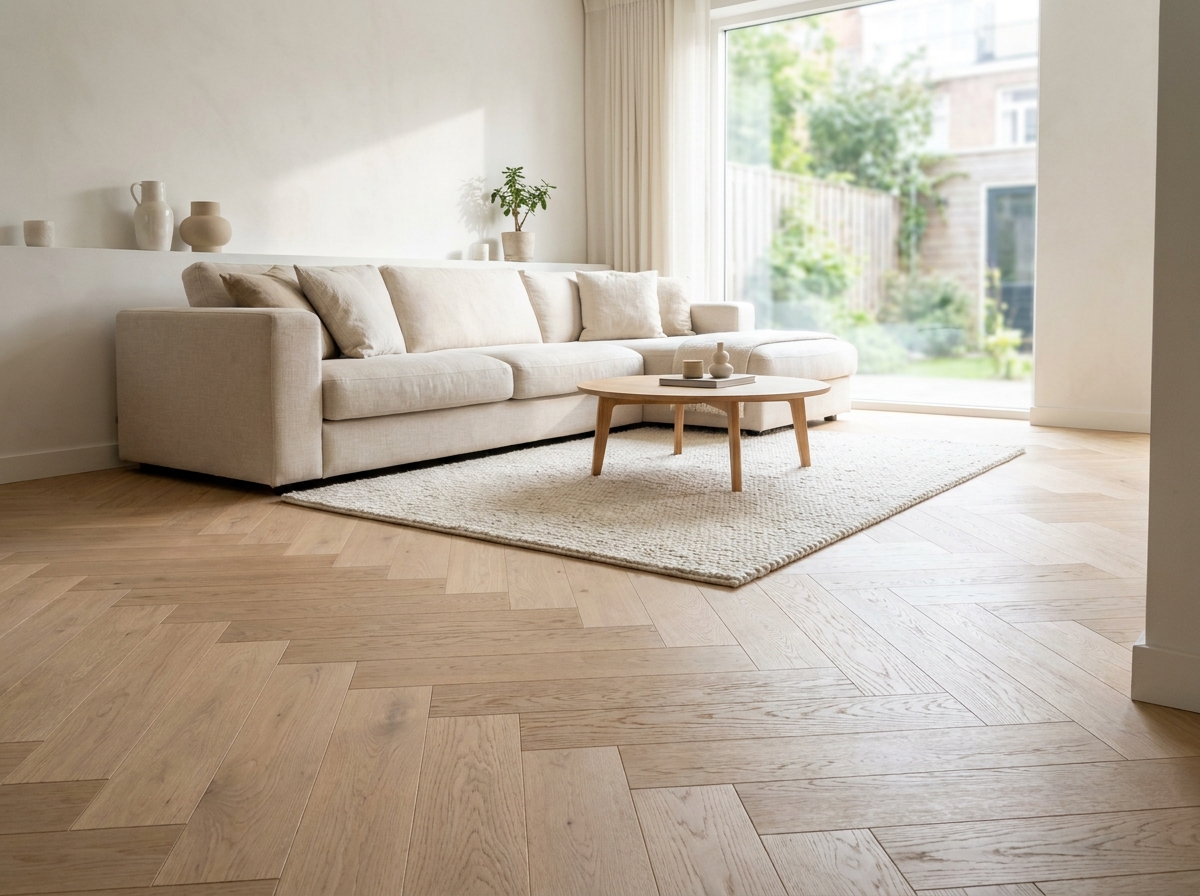 Parquet en chêne clair dans un salon scandinave moderne avec canapé en lin et tapis en laine