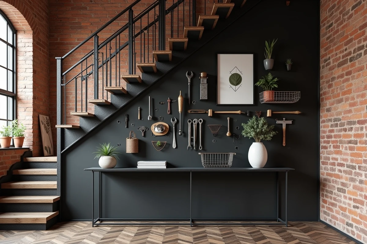 Mur cage d'escalier décoré d'un pegboard noir style industriel avec outils vintage, plantes et paniers métalliques dans un intérieur loft