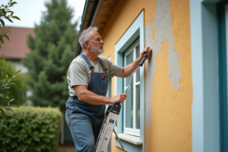 Peintre en overalls appliquant de la peinture sur une façade de maison