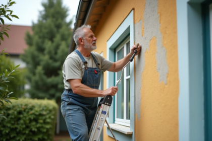 Peintre en overalls appliquant de la peinture sur une façade de maison