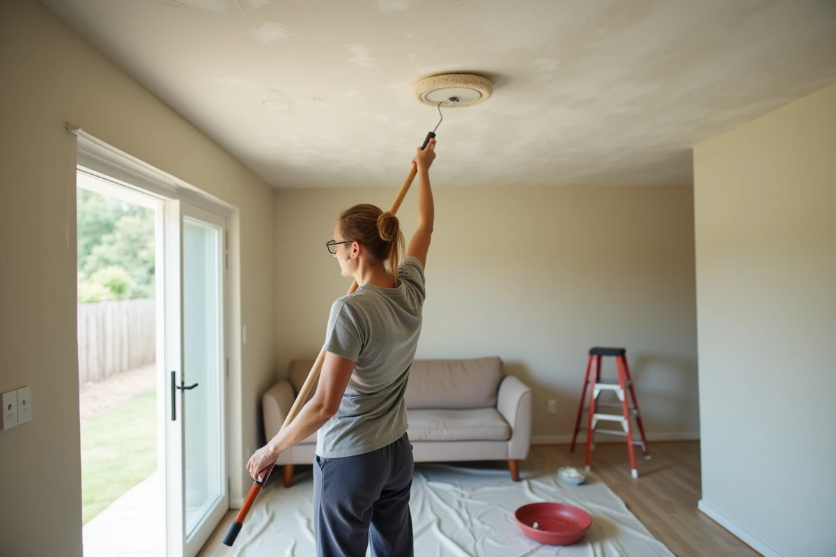 Femme réalisant elle-même la peinture de son plafond en intérieur avec un rouleau sur manche télescopique, mobilier protégé