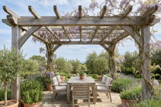 Pergola en bois de chêne sur une terrasse en pierre avec table en teck et plantes grimpantes