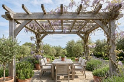 Pergola en bois de chêne sur une terrasse en pierre avec table en teck et plantes grimpantes