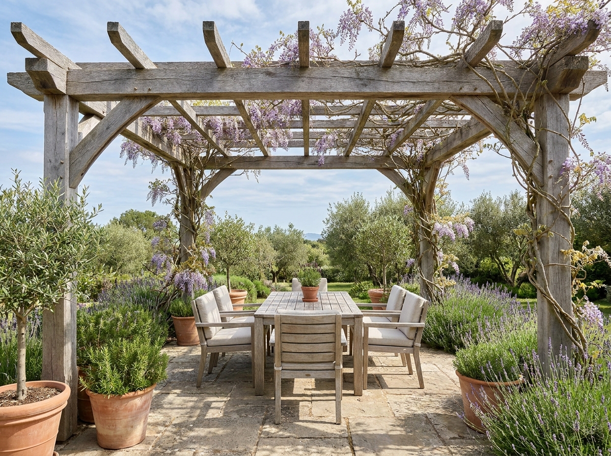 Pergola en bois de chêne sur une terrasse en pierre avec table en teck et plantes grimpantes