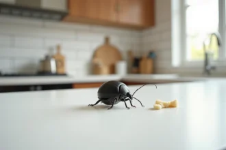 Gros plan macro d'un petit insecte noir rond sur un plan de travail de cuisine, solutions naturelles contre les insectes domestiques