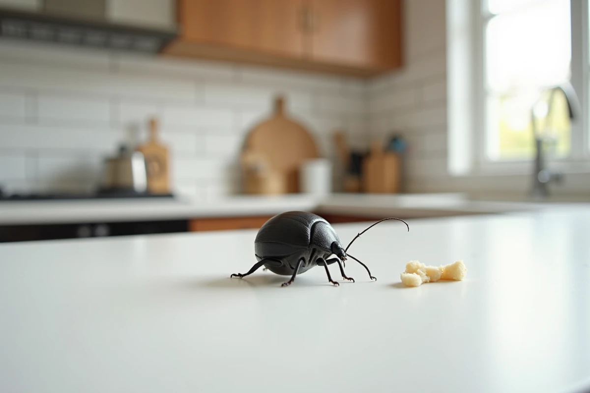 Gros plan macro d'un petit insecte noir rond sur un plan de travail de cuisine, solutions naturelles contre les insectes domestiques