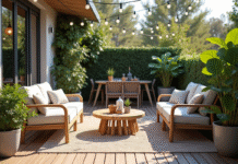 Petite terrasse moderne avec mobilier extérieur et plantes vertes