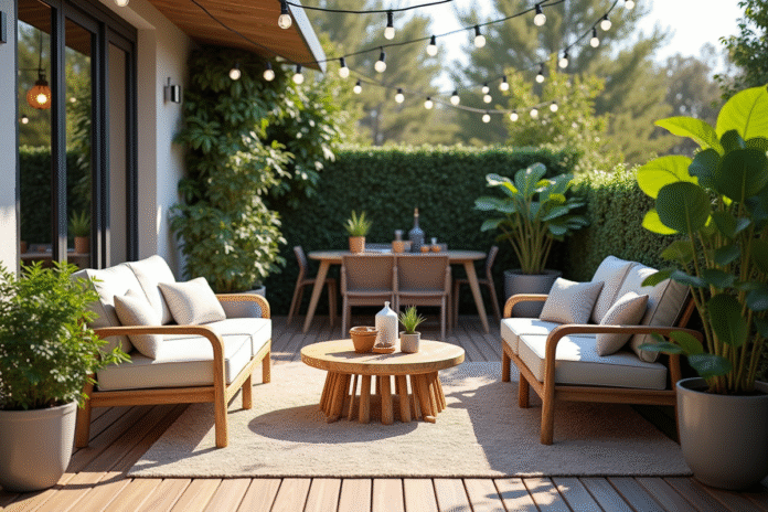 petite-terrasse-moderne Petite terrasse moderne avec mobilier extérieur et plantes vertes