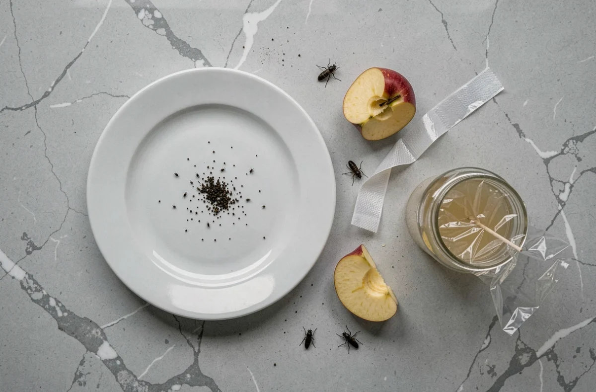 Vue de dessus d'un plan de travail de cuisine montrant des traces de mouches, un piège collant et un piège maison au vinaigre de cidre