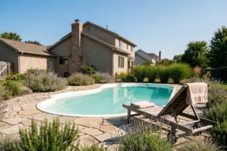 Piscine coque polyester blanche installée dans un jardin résidentiel avec dallage en pierre naturelle et transat en bois