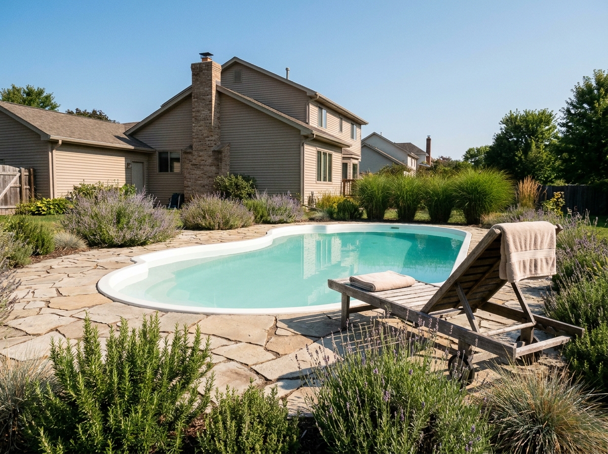 Piscine coque polyester blanche installée dans un jardin résidentiel avec dallage en pierre naturelle et transat en bois