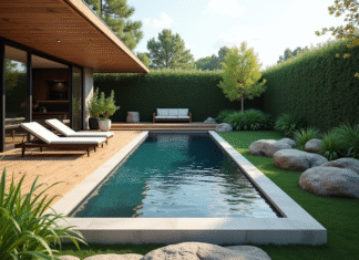 Piscine : comment l’intégrer harmonieusement dans son extérieur ? Piscine moderne dans un jardin avec deck en bois et mobilier