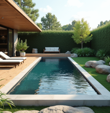 Piscine moderne dans un jardin avec deck en bois et mobilier