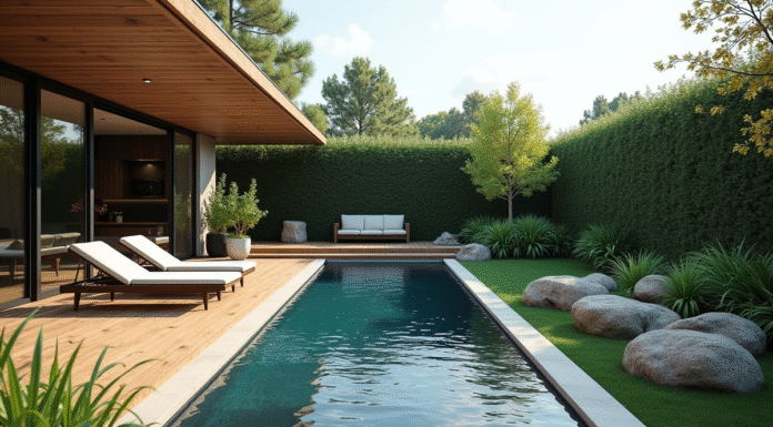 Piscine moderne dans un jardin avec deck en bois et mobilier