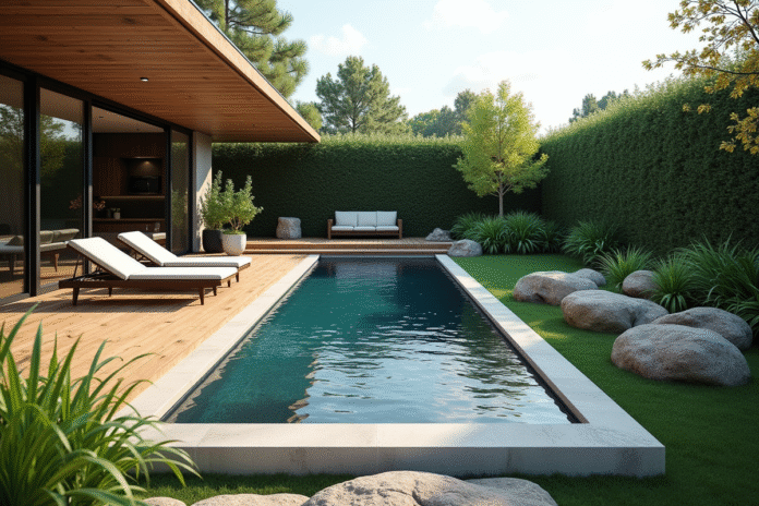 piscine-design-moderne-jardin Piscine moderne dans un jardin avec deck en bois et mobilier