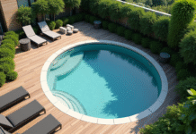 Piscine ronde dans un jardin moderne en plein jour