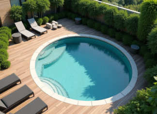 Piscine ronde dans un jardin moderne en plein jour