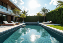 Piscine en acier inoxydable dans un jardin moderne avec mobilier