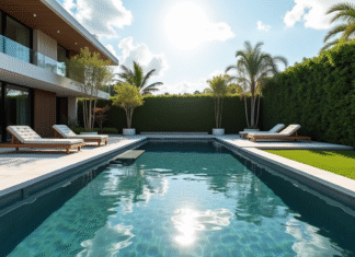Piscine en inox : avantages, modèle et installation en 2025 ! Piscine en acier inoxydable dans un jardin moderne avec mobilier
