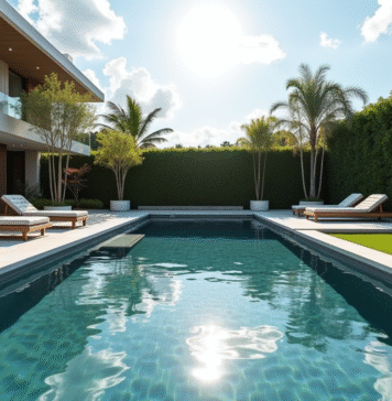 Piscine en acier inoxydable dans un jardin moderne avec mobilier