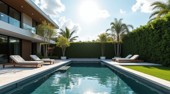Piscine en acier inoxydable dans un jardin moderne avec mobilier