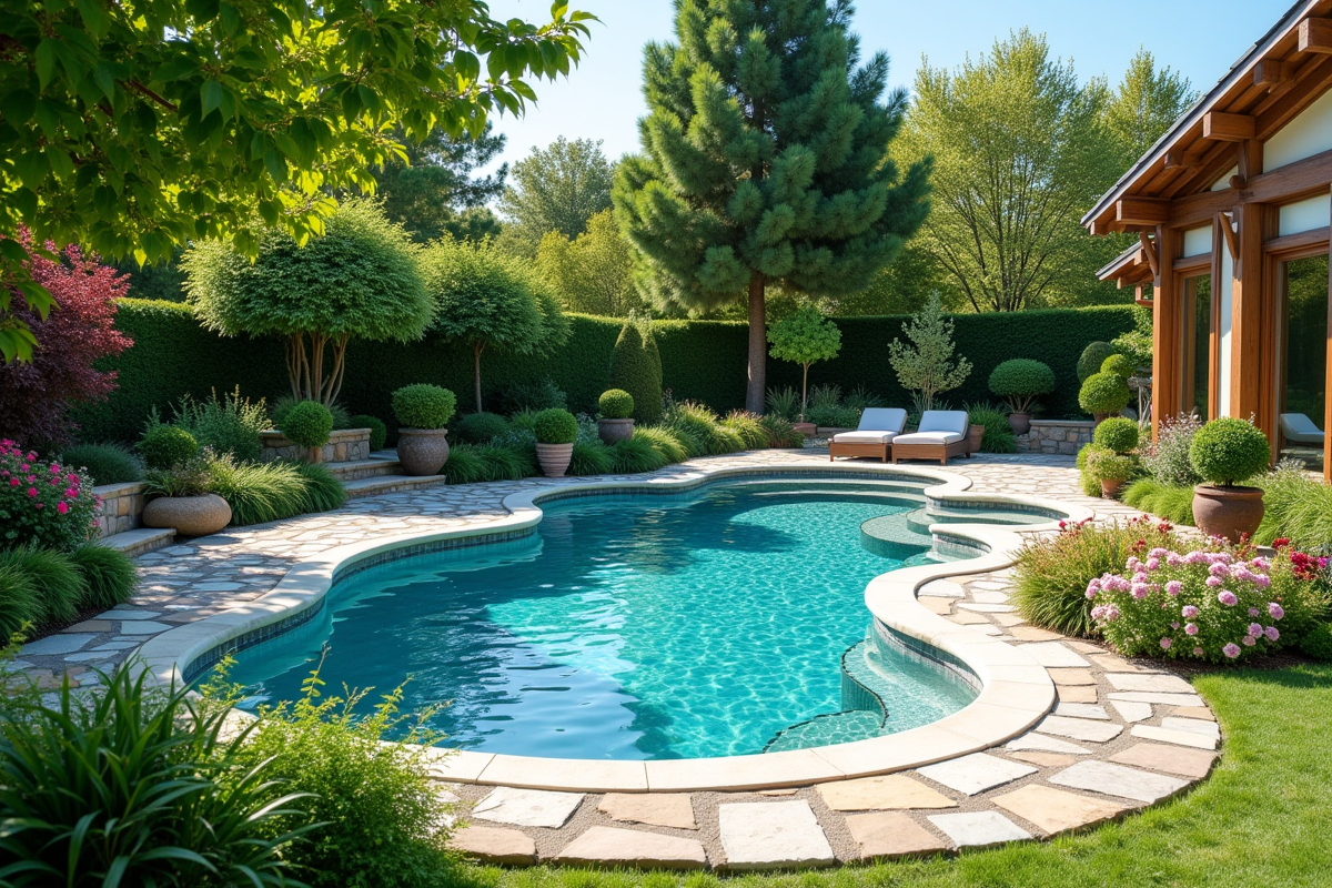 Espace extérieur familial avec piscine naturelle et végétation