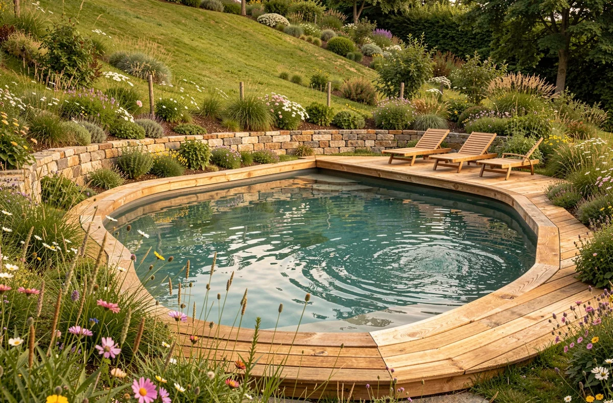 Piscine Piscinelle au design naturel avec plage en bois et plantations sauvages dans un jardin en pente