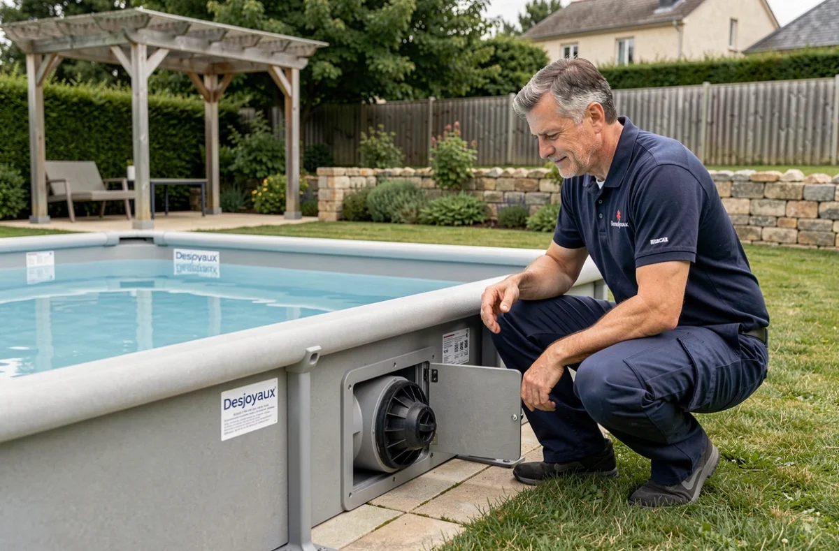 Technicien Desjoyaux inspectant le système de filtration intégré d'une piscine autoportante dans un jardin résidentiel