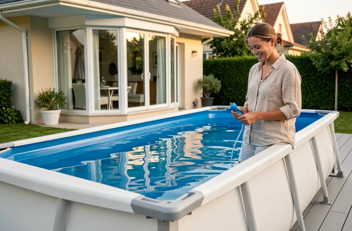 Femme testant la qualité de l'eau d'une piscine modulaire Magiline installée sur une terrasse en composite gris