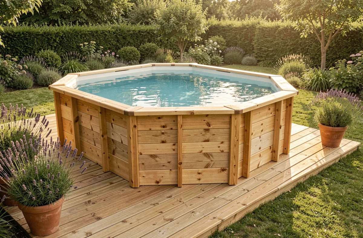 Piscine hors-sol en bois de pin O'Bois avec terrasse assortie et plantations de lavande dans un jardin naturel