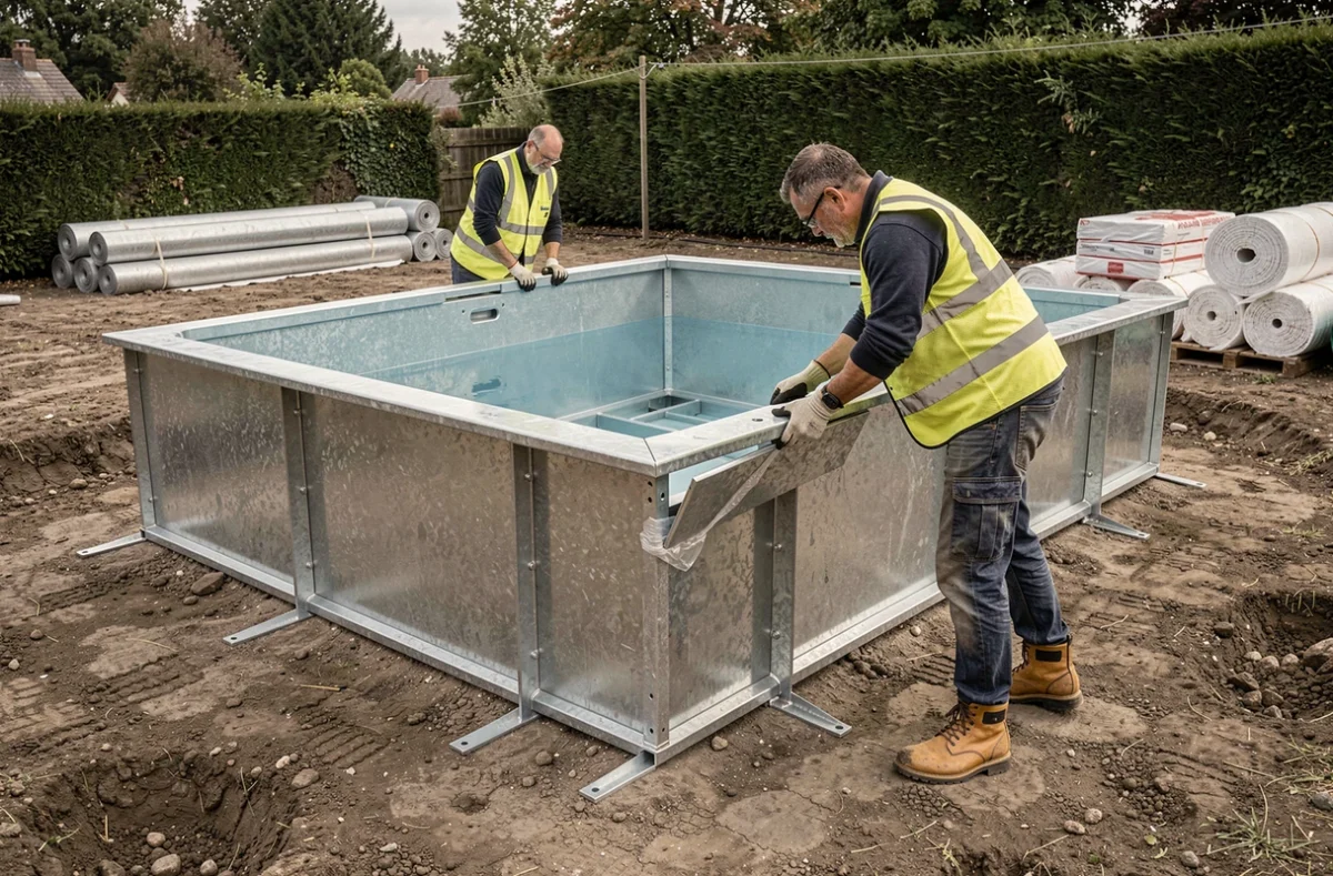 Deux ouvriers assemblant les panneaux en acier galvanisé d'une piscine Waterair en cours d'installation dans un jardin
