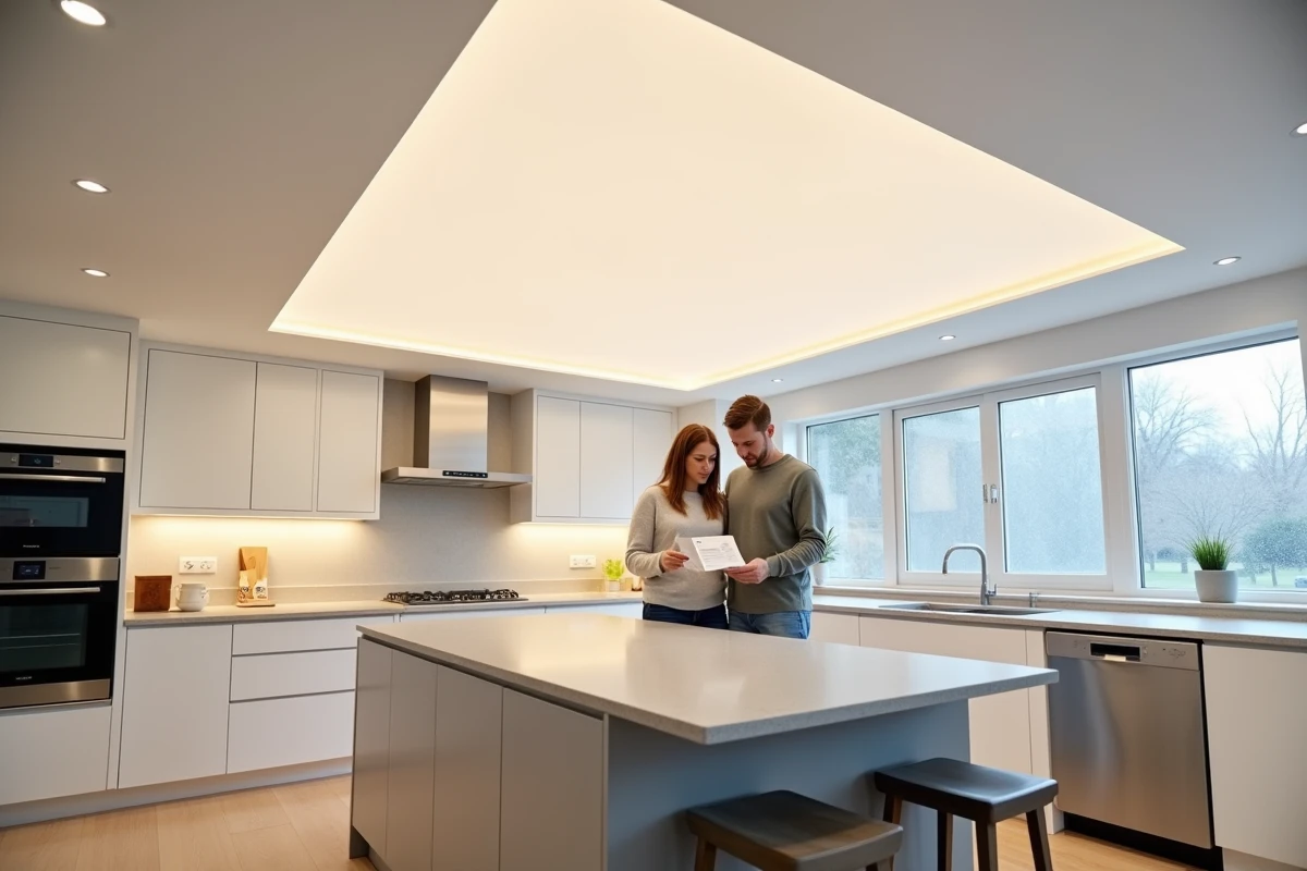 Couple de propriétaires admirant un plafond tendu mat blanc nouvellement installé dans une cuisine moderne rénovée