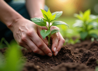 Mains de jardinier plantant une jeune wisteria dans la terre
