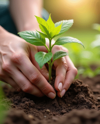 Mains de jardinier plantant une jeune wisteria dans la terre
