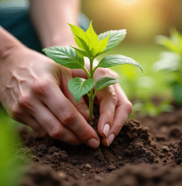 Mains de jardinier plantant une jeune wisteria dans la terre