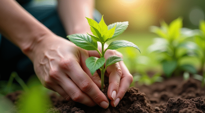 Mains de jardinier plantant une jeune wisteria dans la terre