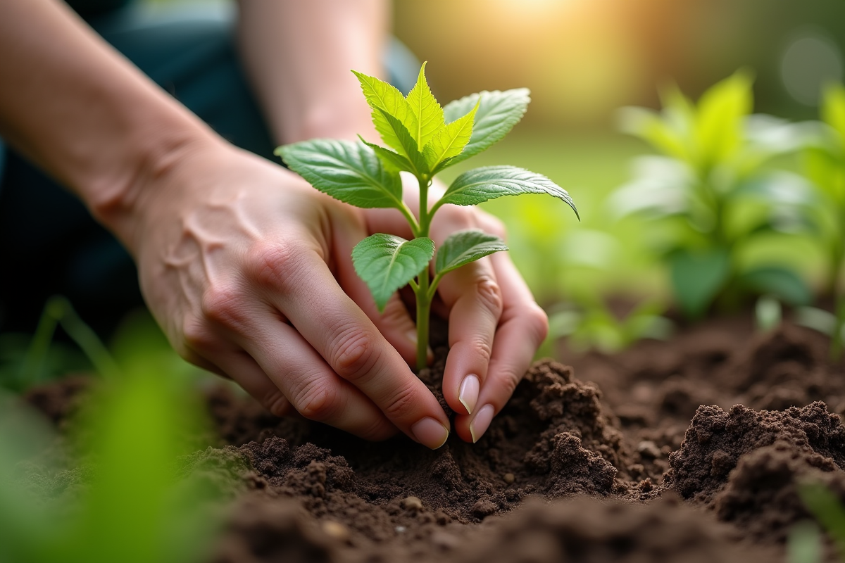 Mains de jardinier plantant une jeune wisteria dans la terre