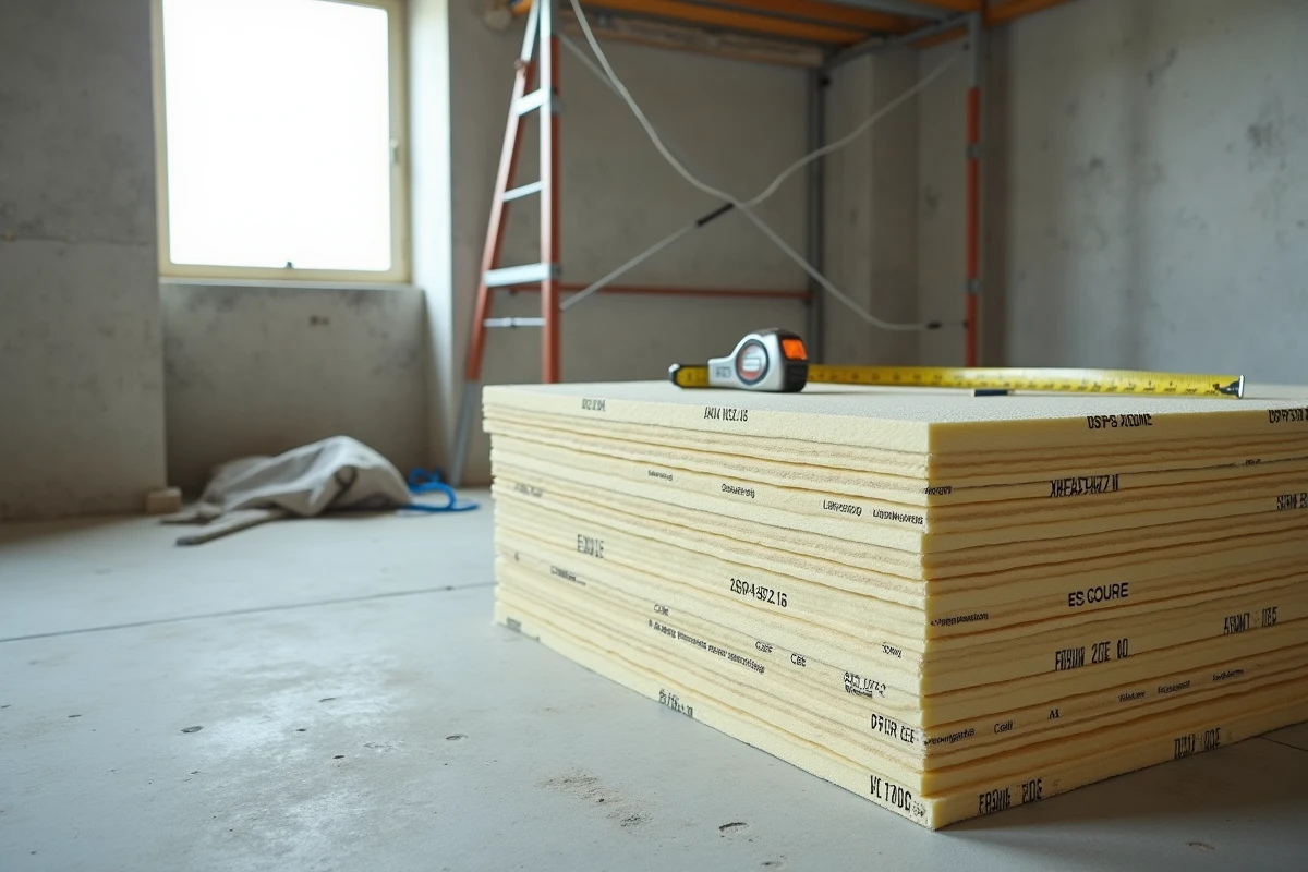 Plaques d'isolation thermique rigides empilées sur un chantier de rénovation avec matériel de mesure