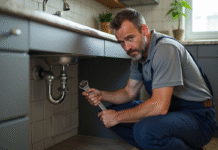 Plombier : Comment vérifier et choisir le bon professionnel ? Plombier homme inspectant les tuyaux sous un évier moderne