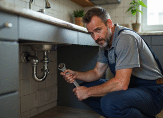 Plombier homme inspectant les tuyaux sous un évier moderne