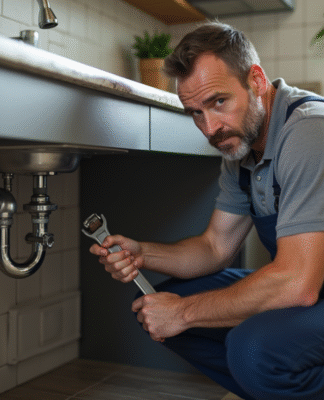 Plombier homme inspectant les tuyaux sous un évier moderne