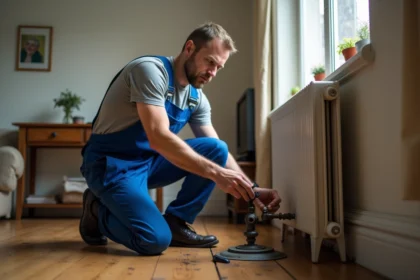 Plombier vérifiant un radiateur ancien dans une maison chaleureuse