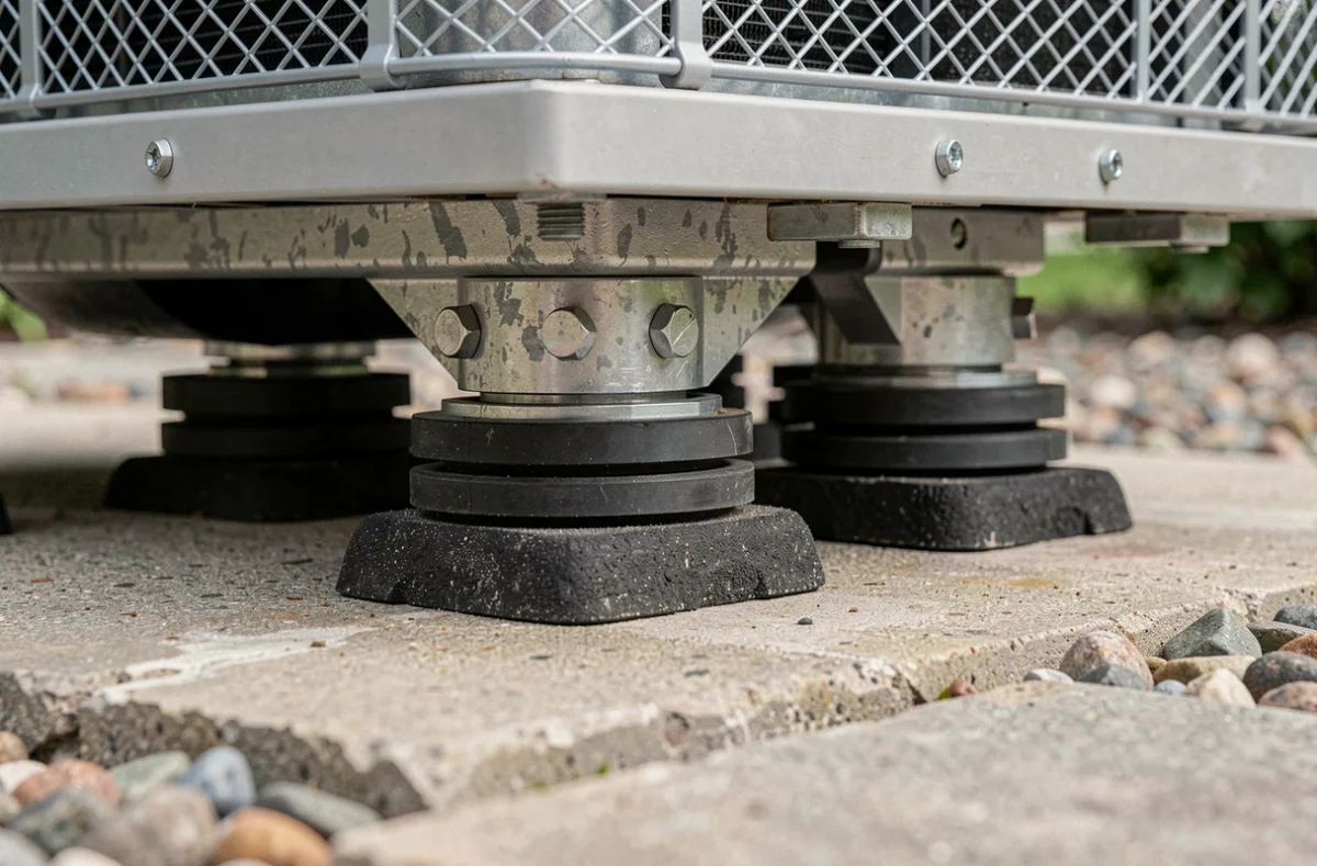 Gros plan sur les plots anti-vibrations en caoutchouc sous une pompe à chaleur installée sur une terrasse