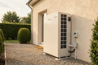 Pompe à chaleur air-eau Atlantic 11 kW installée sur la façade extérieure d'une maison individuelle